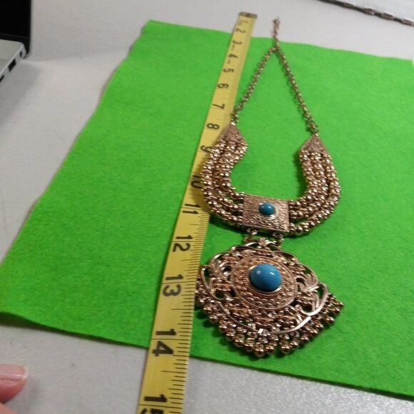 Statement Gold tone Three Strand with Large Pendant Necklace - Picture 5 of 8